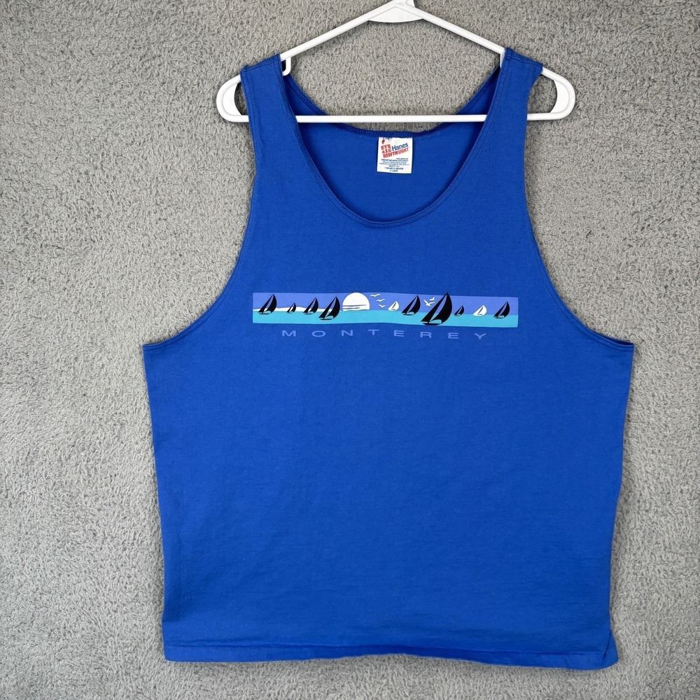 Vintage 90s Hanes Heavyweight Tank Top Mens XL Blue Monterey Yacht Boating USA